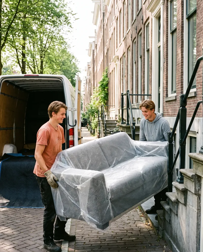 Twee verhuizers dragen een ingepakte bank het pand uit