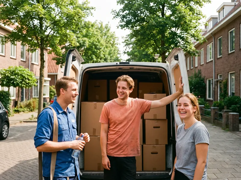 Drie jonge verhuizers bij de open verhuiswagen