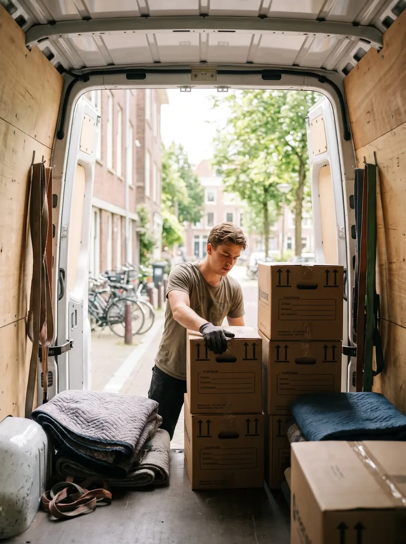 Student stapelt verhuisdozen achterin de verhuiswagen